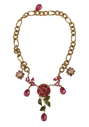Dolce & Gabbana Gold Brass Chain Crystal Floral Roses Jewelry Necklace
