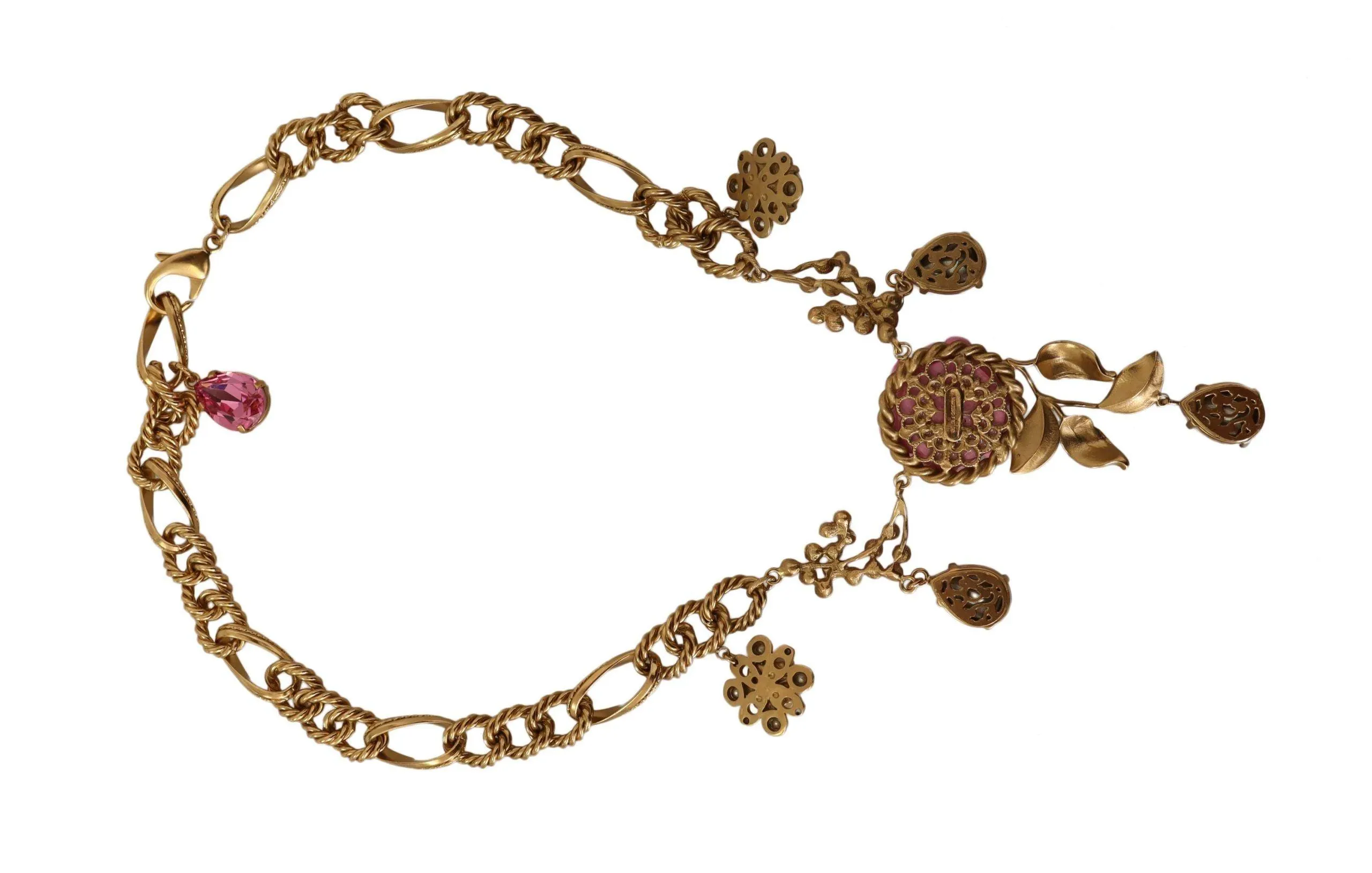 Dolce & Gabbana Gold Brass Chain Crystal Floral Roses Jewelry Necklace