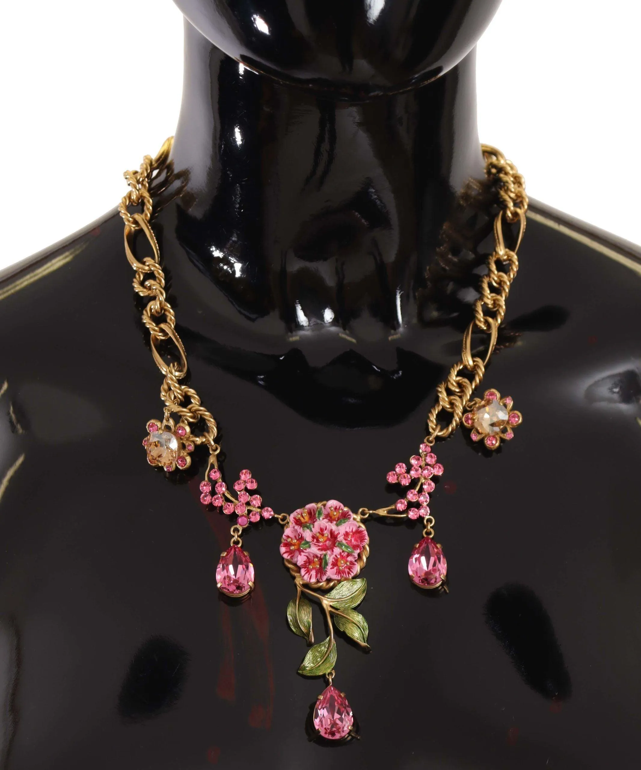 Dolce & Gabbana Gold Brass Chain Crystal Floral Roses Jewelry Necklace