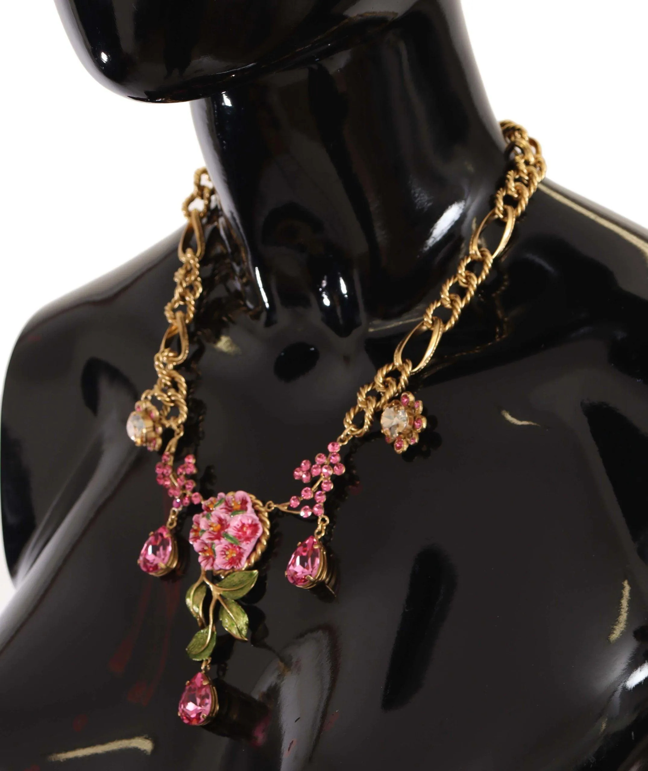 Dolce & Gabbana Gold Brass Chain Crystal Floral Roses Jewelry Necklace