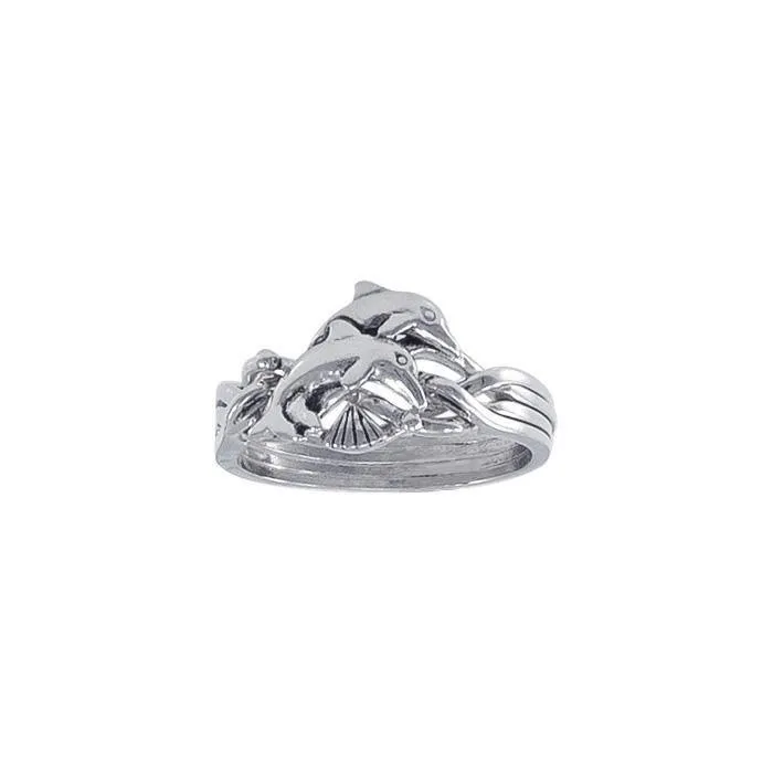 Double Dolphins Puzzle Sterling Silver Ring