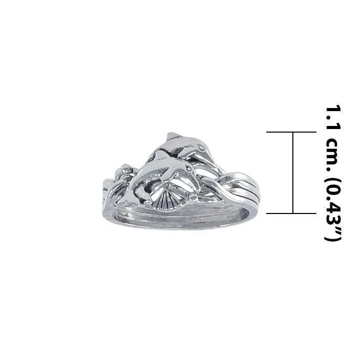 Double Dolphins Puzzle Sterling Silver Ring