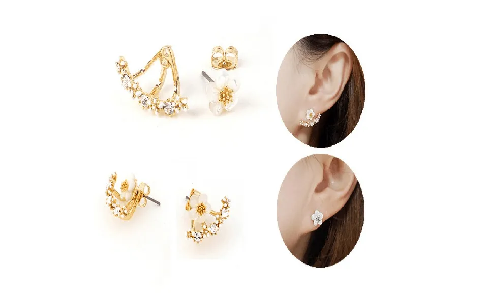 Double Sided Fashionable Flower Crystals Stud Earrings for Women