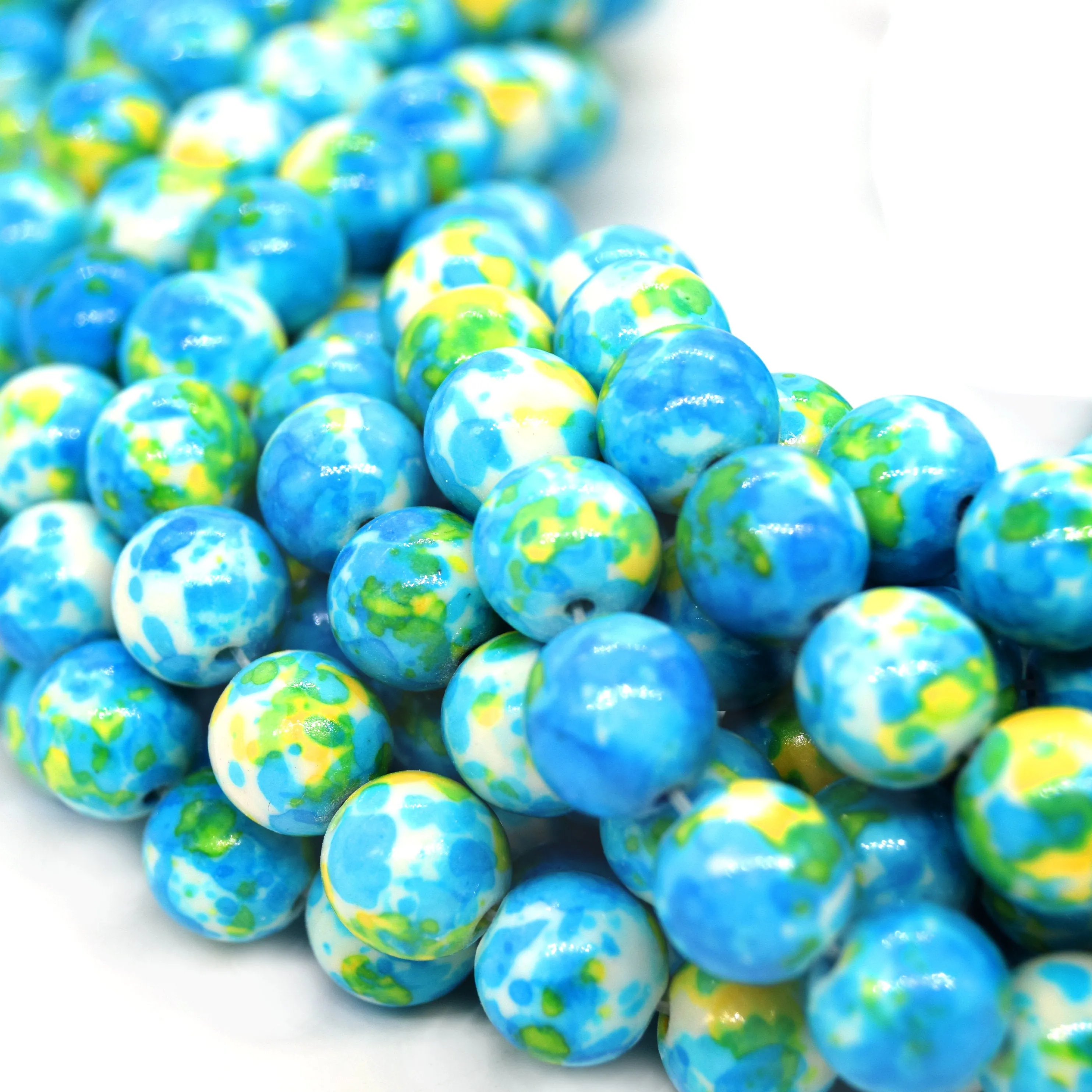 Dyed Mottled Jade Round Beads in Blue, Yellow, and White - Smooth Glossy Gemstone Beads, 6mm 8mm 10mm 12mm Sizes Available.