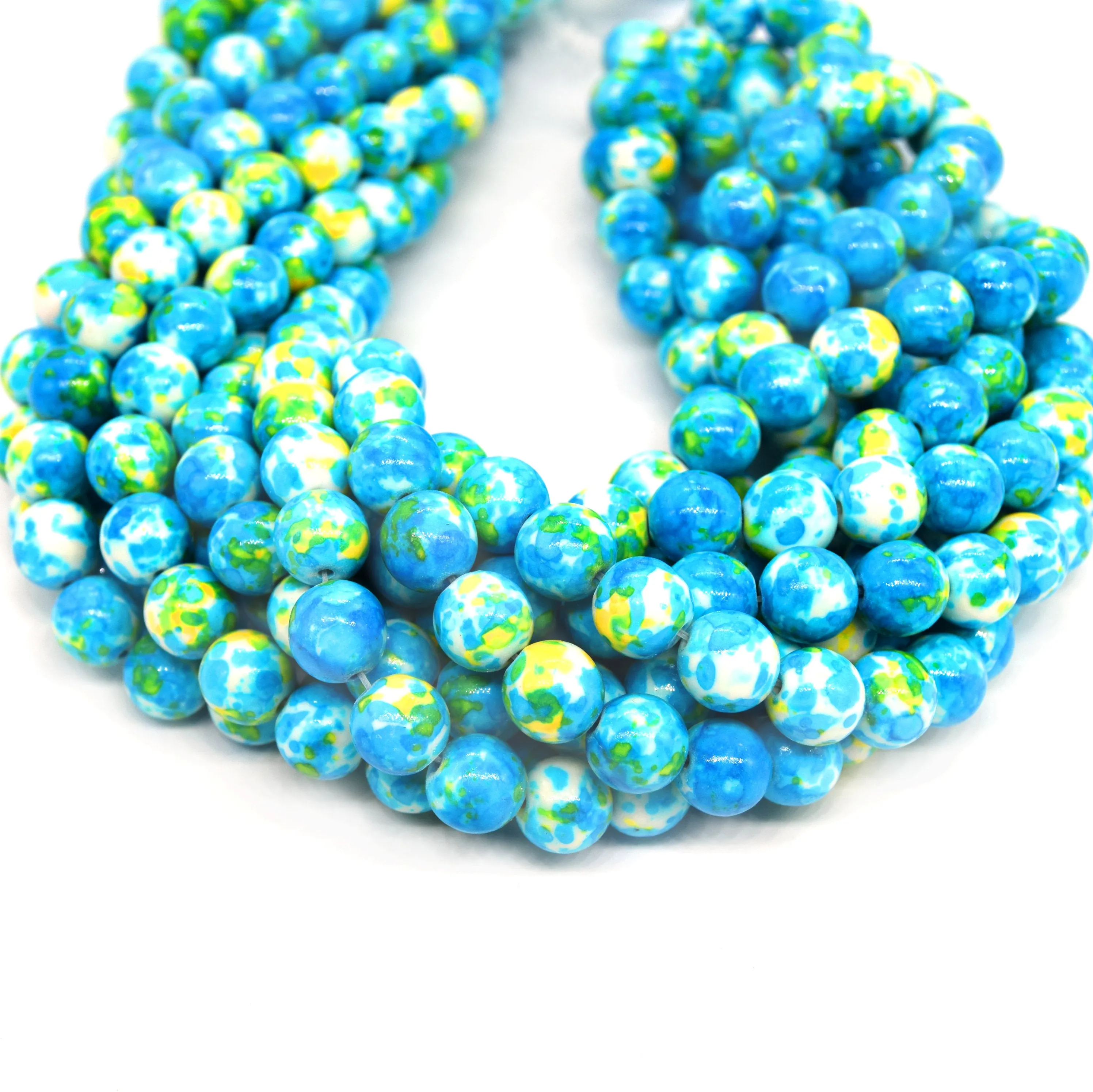 Dyed Mottled Jade Round Beads in Blue, Yellow, and White - Smooth Glossy Gemstone Beads, 6mm 8mm 10mm 12mm Sizes Available.