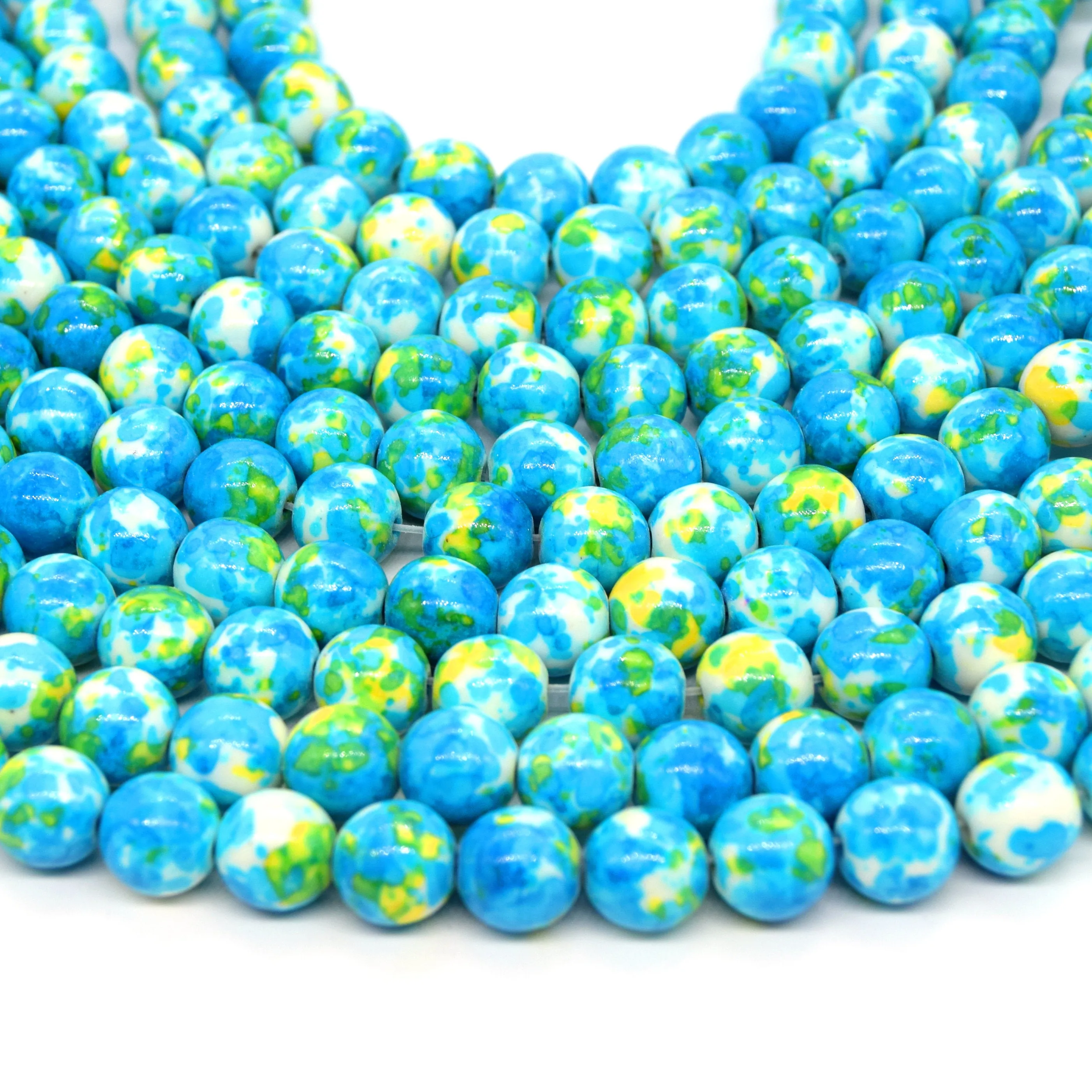 Dyed Mottled Jade Round Beads in Blue, Yellow, and White - Smooth Glossy Gemstone Beads, 6mm 8mm 10mm 12mm Sizes Available.