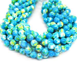 Dyed Mottled Jade Round Beads in Blue, Yellow, and White - Smooth Glossy Gemstone Beads, 6mm 8mm 10mm 12mm Sizes Available.