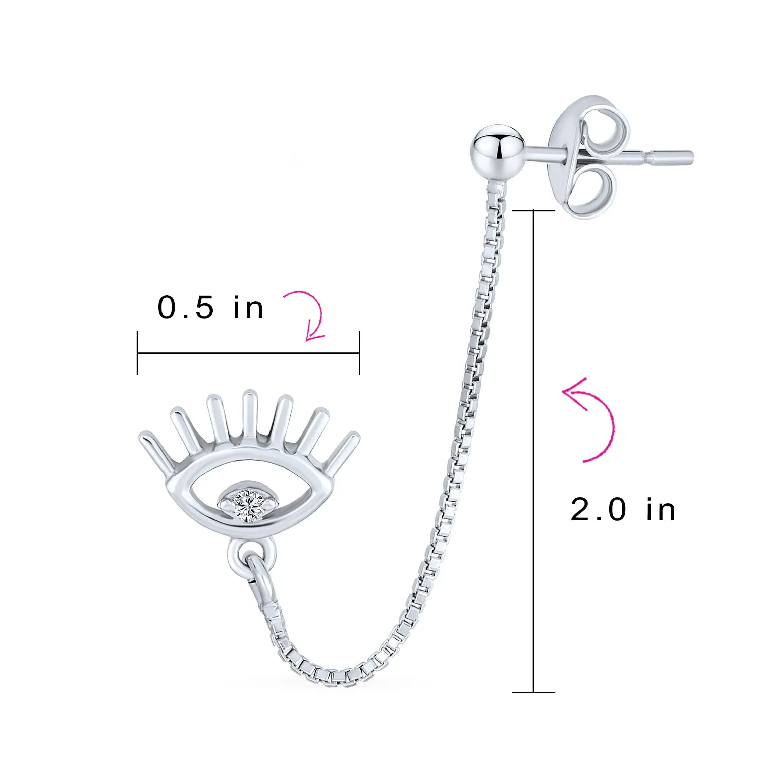 Ear Cuff Cartilage CZ Evil Eye Double Pierced Helix Chain & Ball Stud Earrings Silver