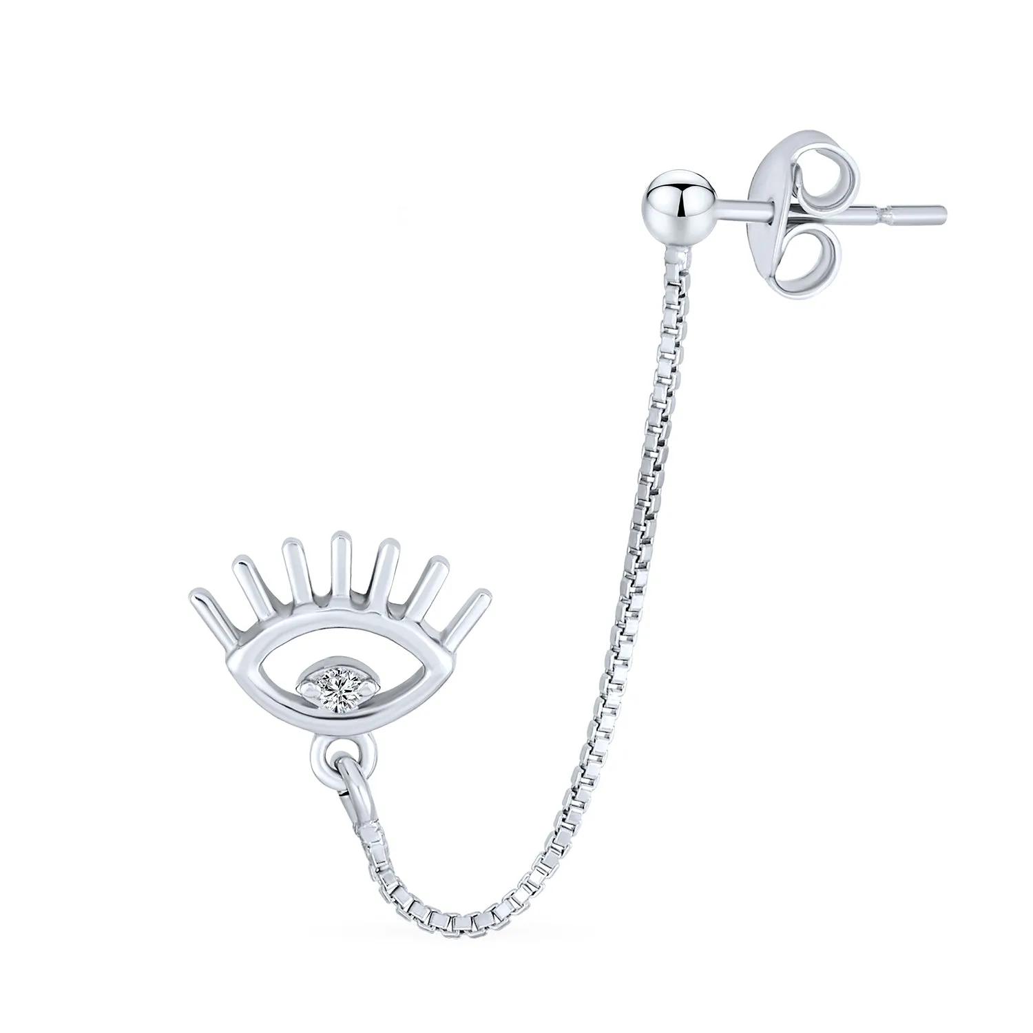 Ear Cuff Cartilage CZ Evil Eye Double Pierced Helix Chain & Ball Stud Earrings Silver