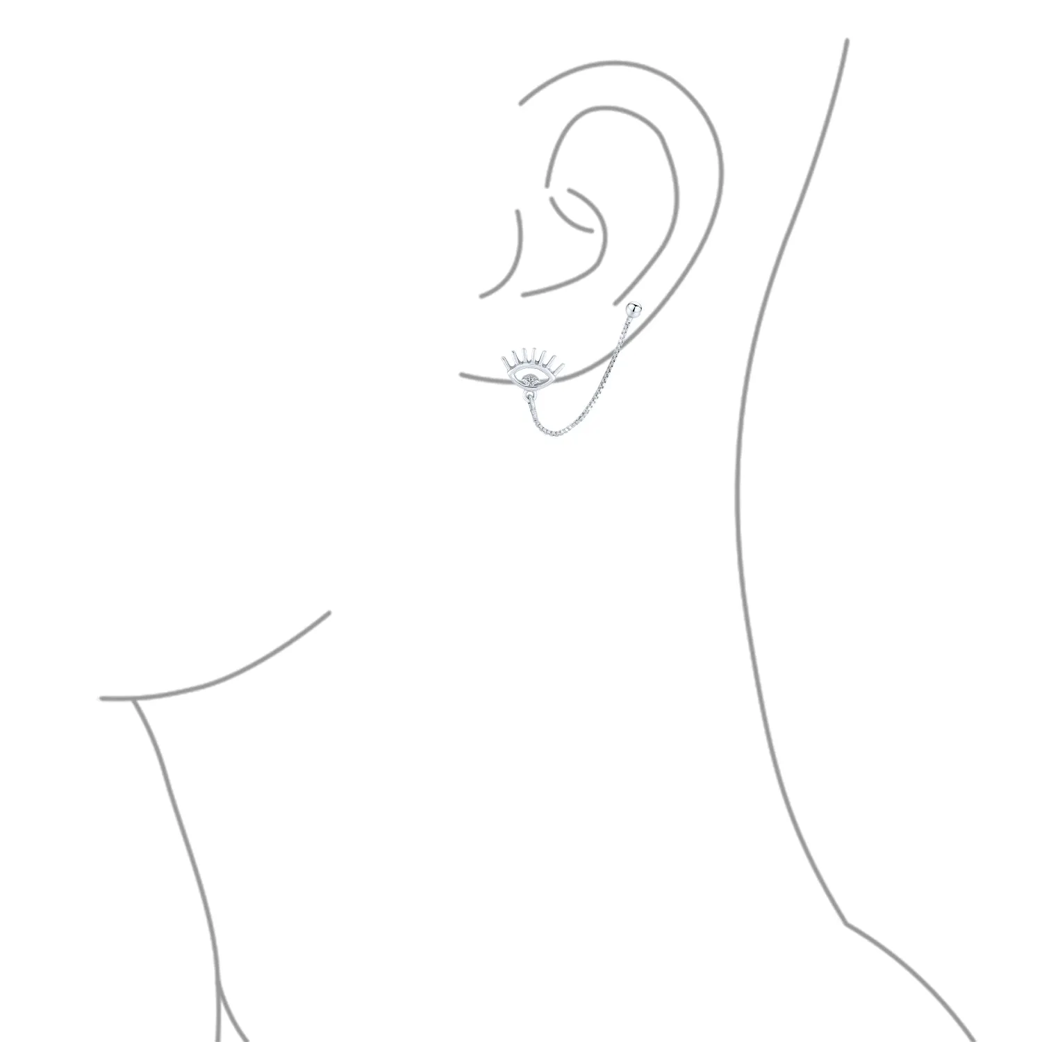 Ear Cuff Cartilage CZ Evil Eye Double Pierced Helix Chain & Ball Stud Earrings Silver