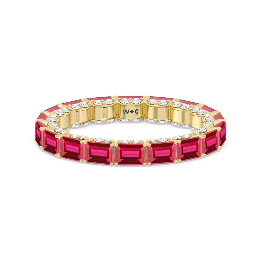 East-West Created Ruby Emerald Split Prong Studded Gallery Eternity Ring