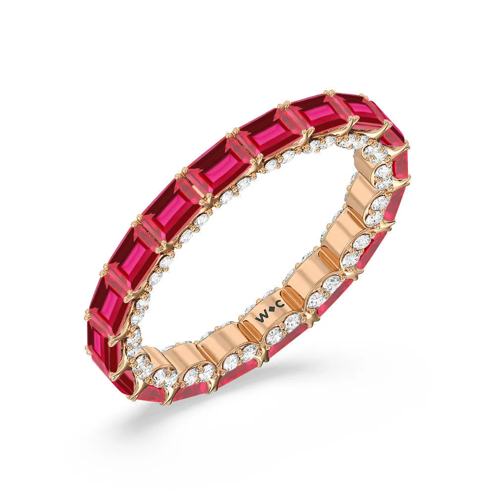 East-West Created Ruby Emerald Split Prong Studded Gallery Eternity Ring