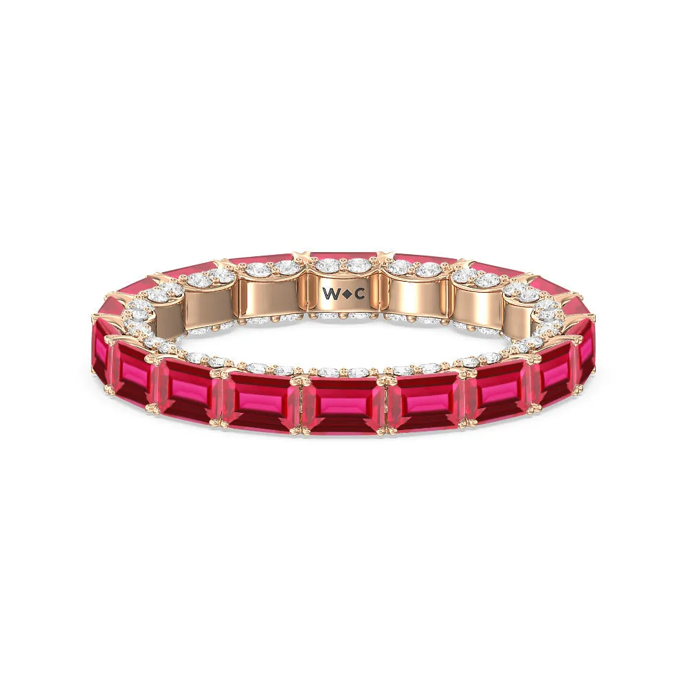 East-West Created Ruby Emerald Split Prong Studded Gallery Eternity Ring