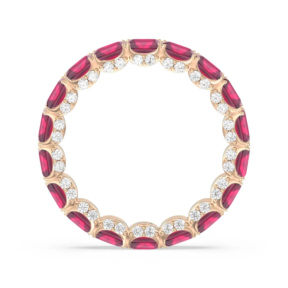 East-West Created Ruby Emerald Split Prong Studded Gallery Eternity Ring