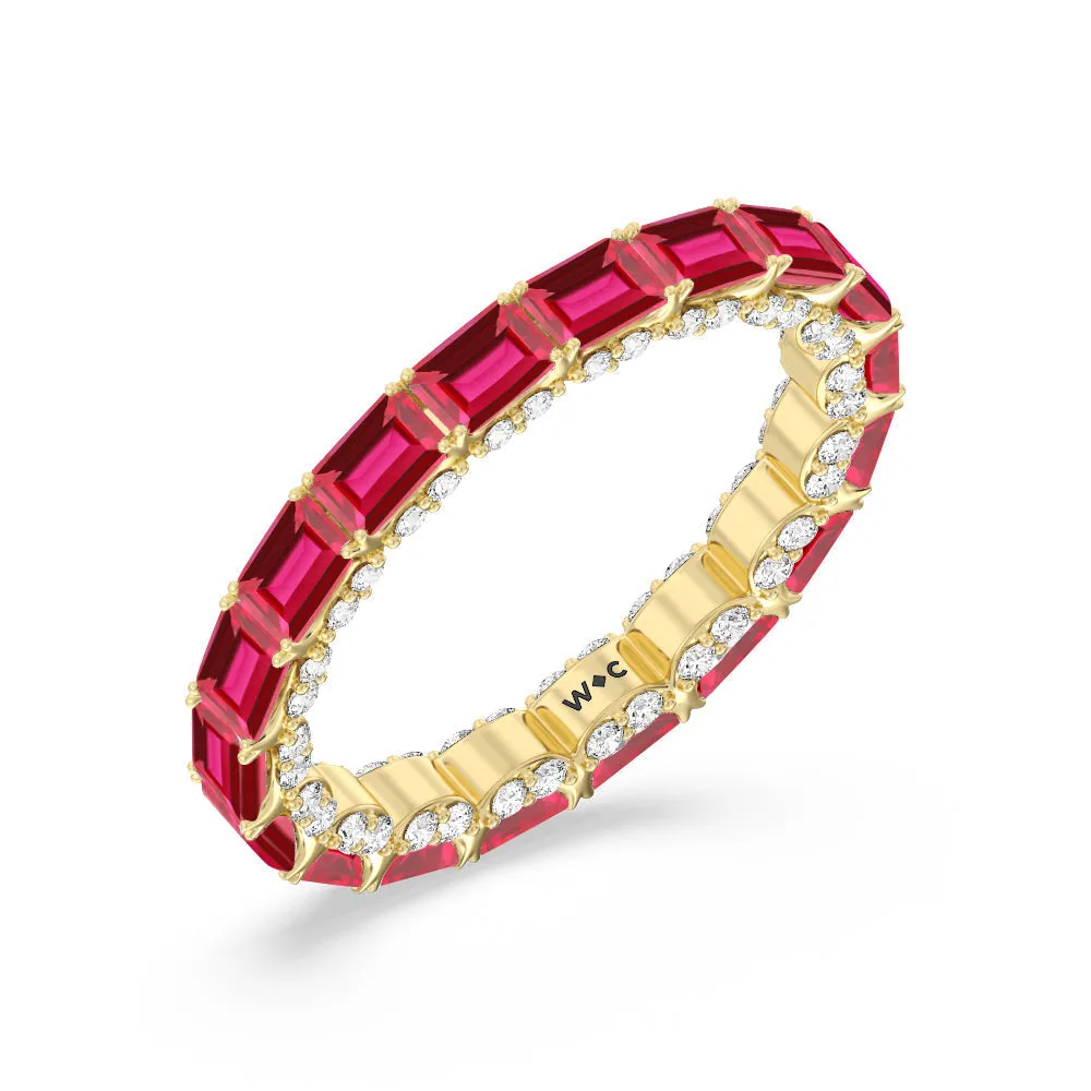 East-West Created Ruby Emerald Split Prong Studded Gallery Eternity Ring
