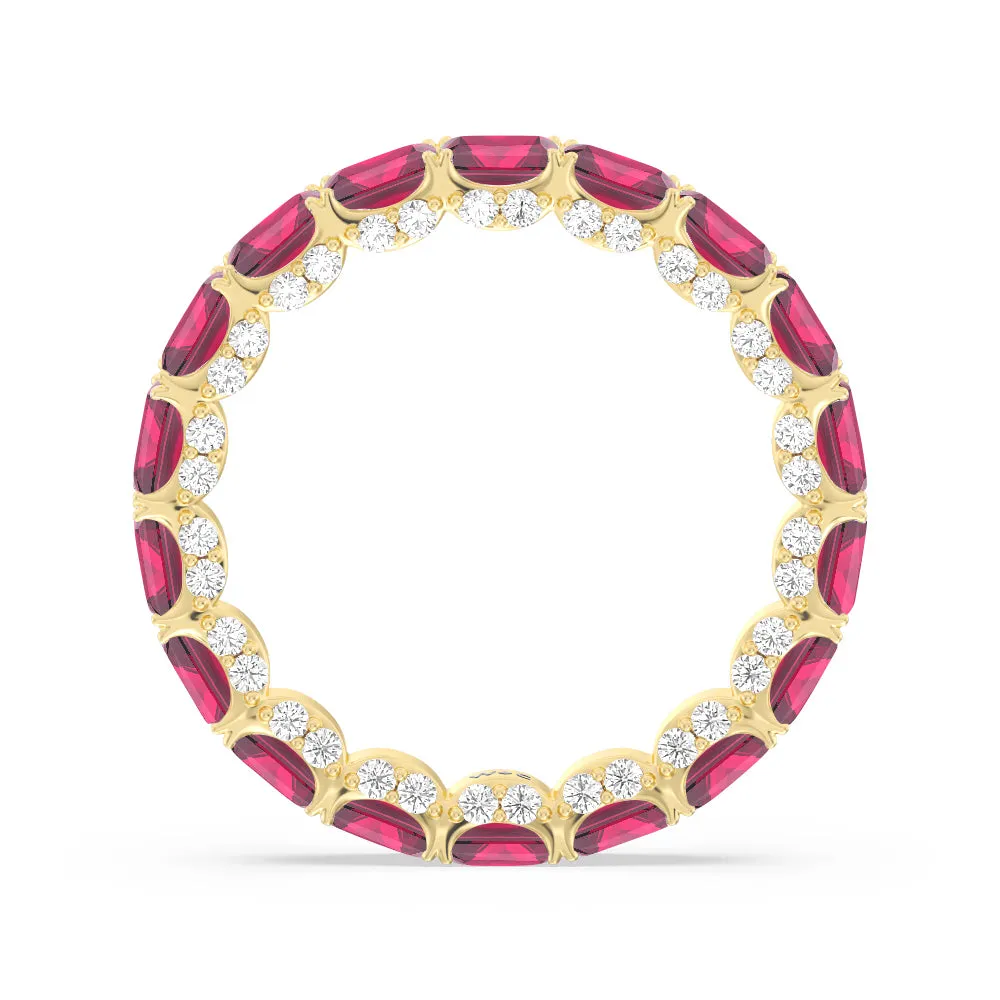 East-West Created Ruby Emerald Split Prong Studded Gallery Eternity Ring