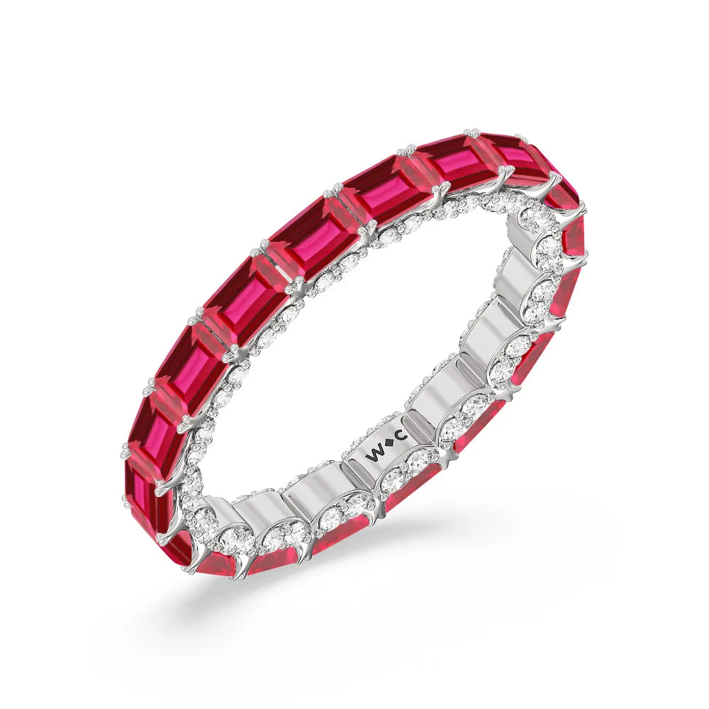 East-West Created Ruby Emerald Split Prong Studded Gallery Eternity Ring