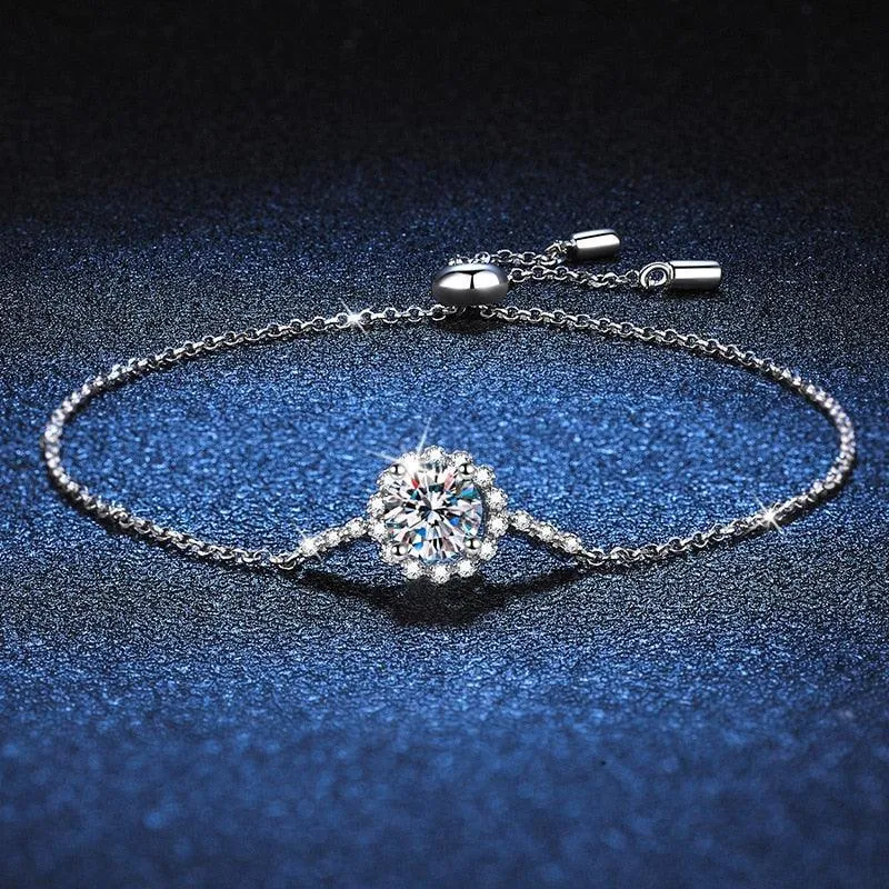 Elegant Round Cut 1CT D Color VVS Moissanite Diamond Daisy Flower Platinum Plated Bracelet - Fine Jewellery
