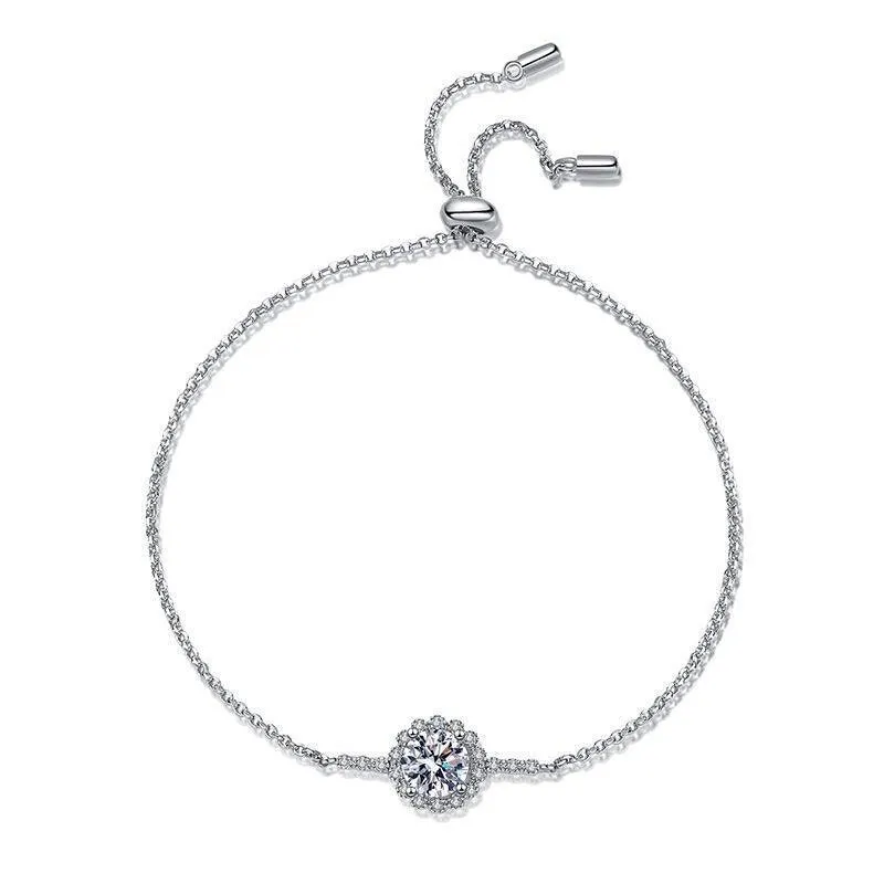 Elegant Round Cut 1CT D Color VVS Moissanite Diamond Daisy Flower Platinum Plated Bracelet - Fine Jewellery