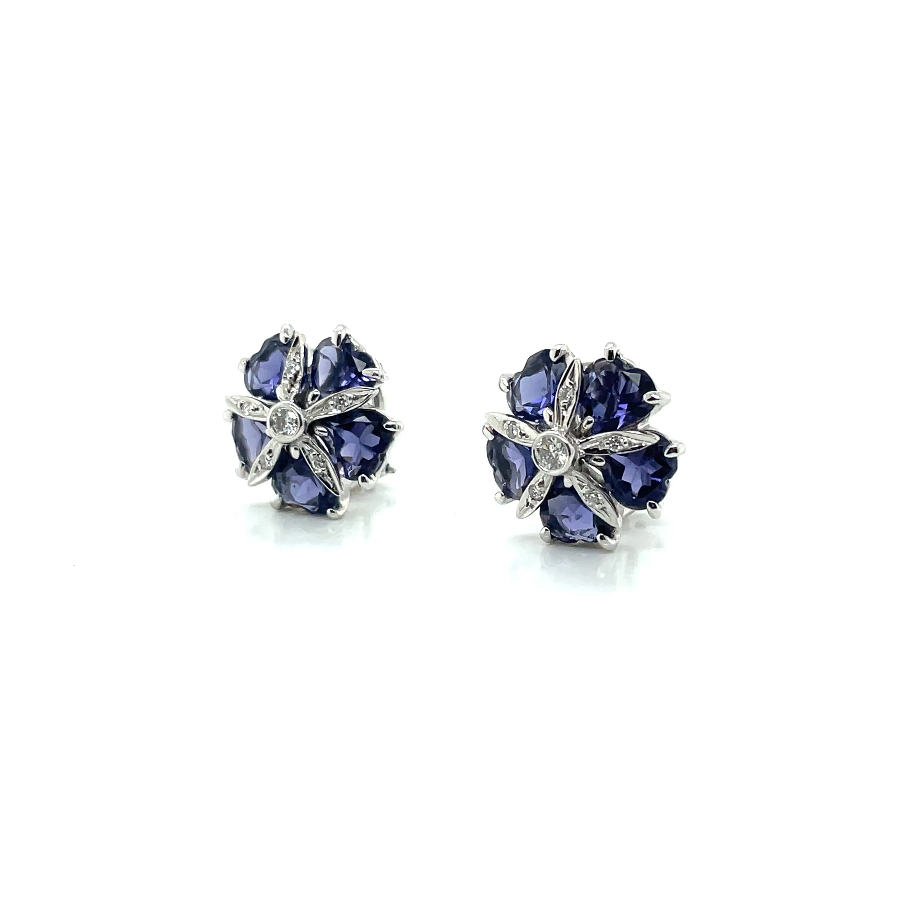 Estate 14k White Gold Flower Design Tanzanite and Diamond Stud Earrings