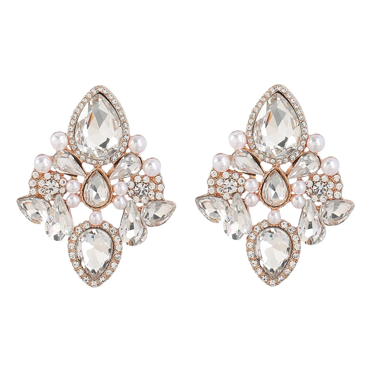 Fashionable Metal Rhinestone Pearl Like Geometric Earrings Women
