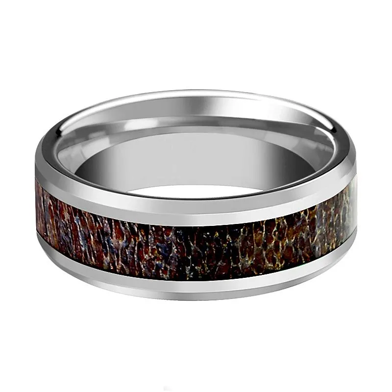 FAWN | Silver Tungsten Ring, Dark Brown Antler Inlay, Beveled