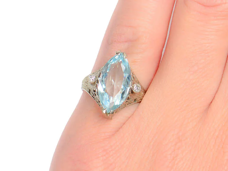 Feminine Marquise Aquamarine Diamond Ring