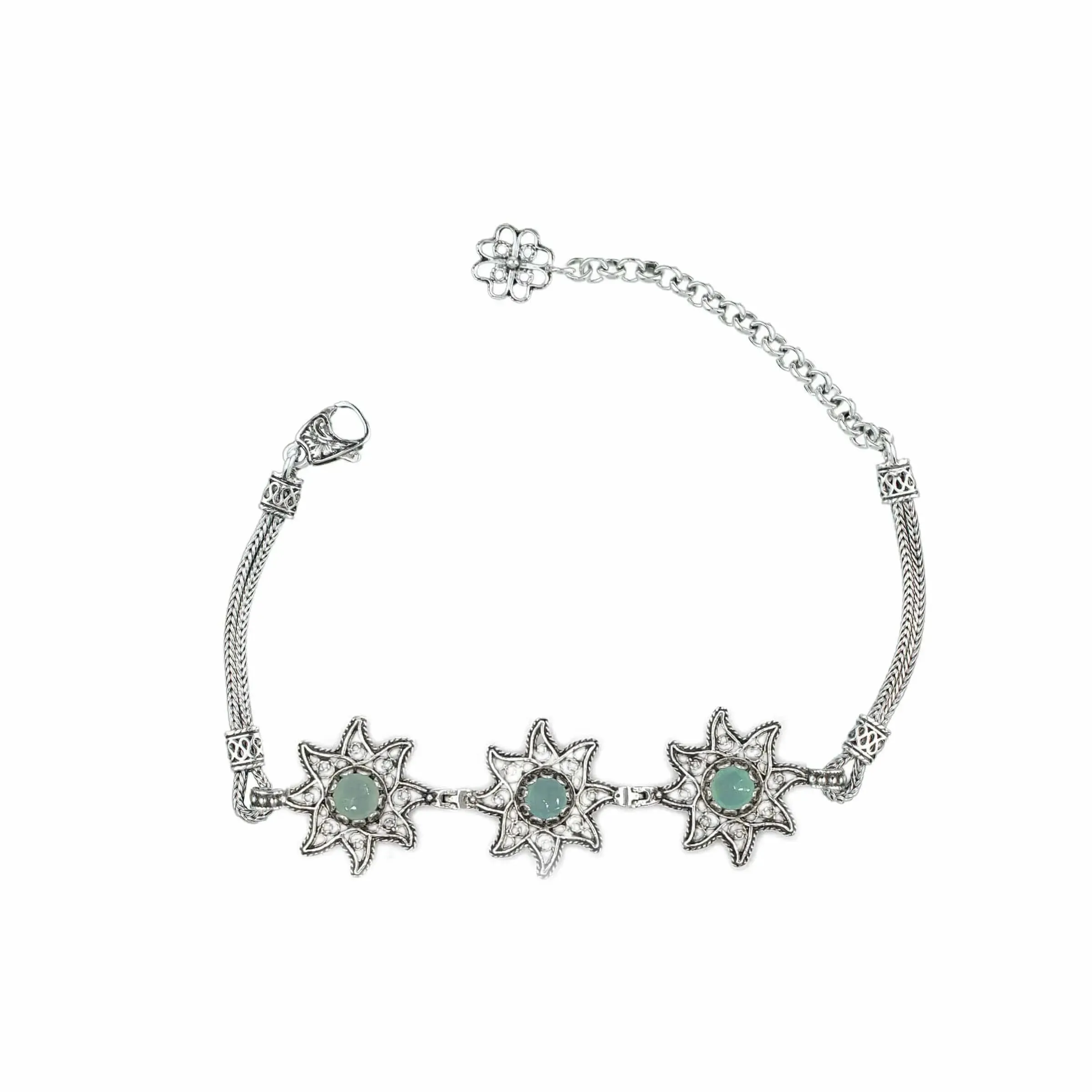 Filigree Art Aqua Chalcedony Gemstone Star Figured Women Silver Link Bracelet