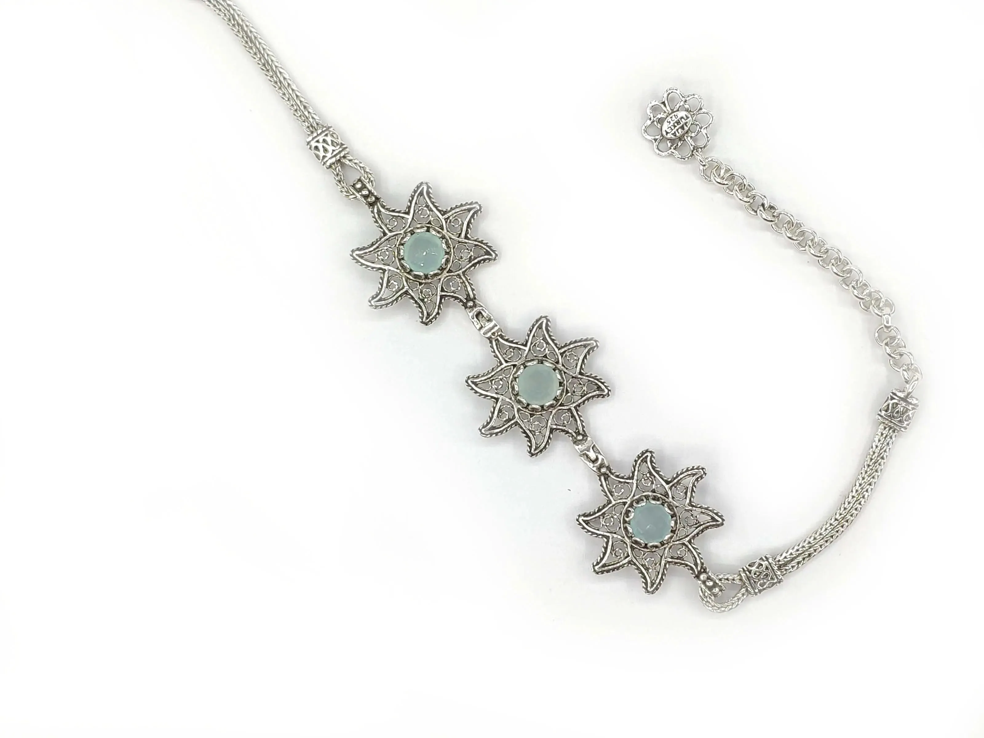 Filigree Art Aqua Chalcedony Gemstone Star Figured Women Silver Link Bracelet