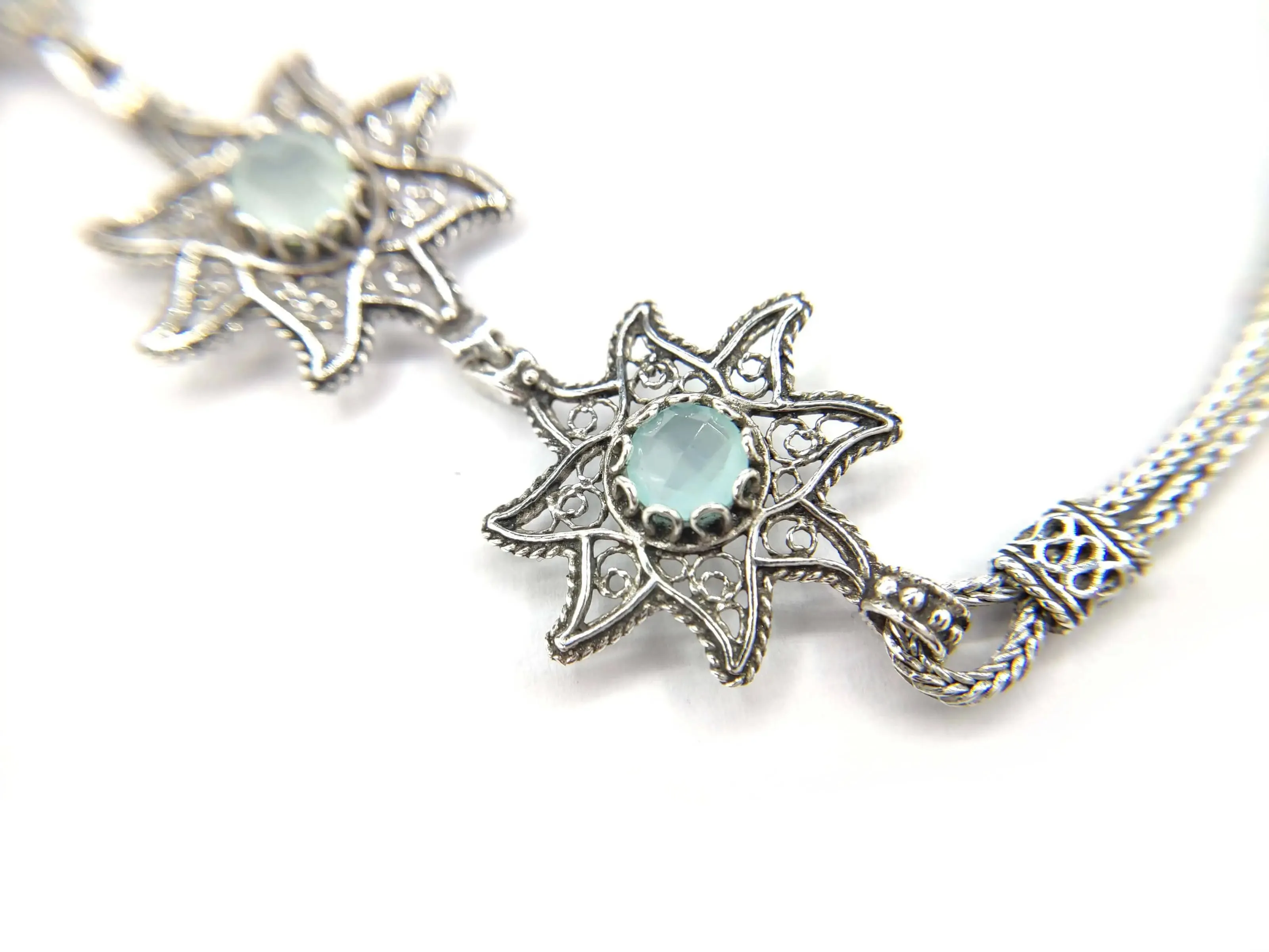 Filigree Art Aqua Chalcedony Gemstone Star Figured Women Silver Link Bracelet