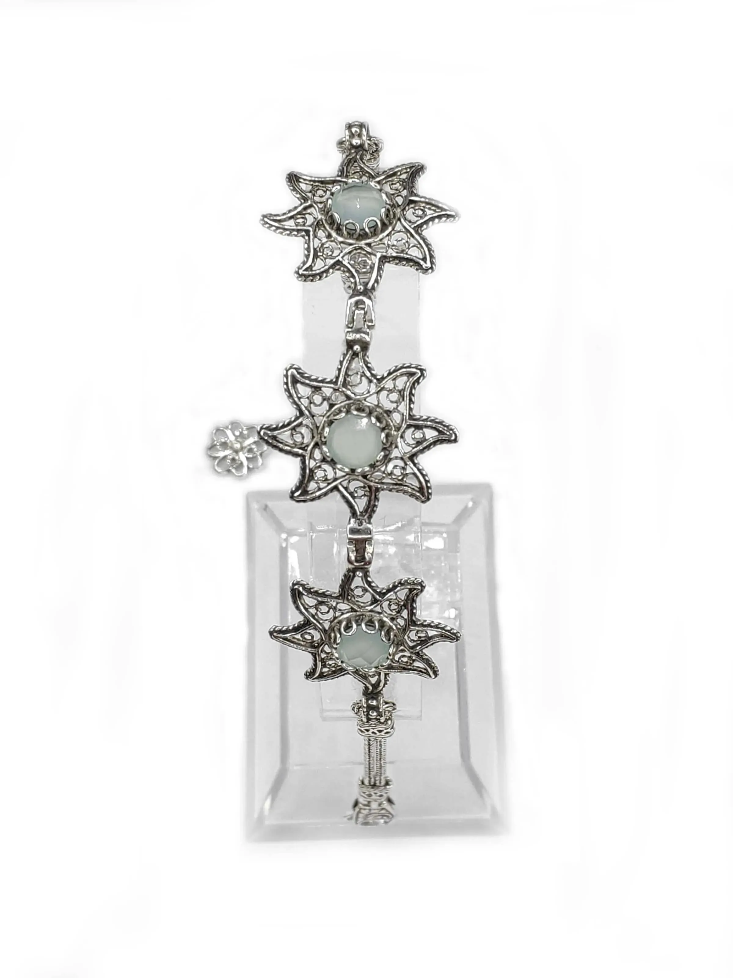 Filigree Art Aqua Chalcedony Gemstone Star Figured Women Silver Link Bracelet