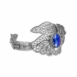 Filigree Art Lapis Lazuli Gemstone Double Swan Figured Women Silver Cuff Bracelet