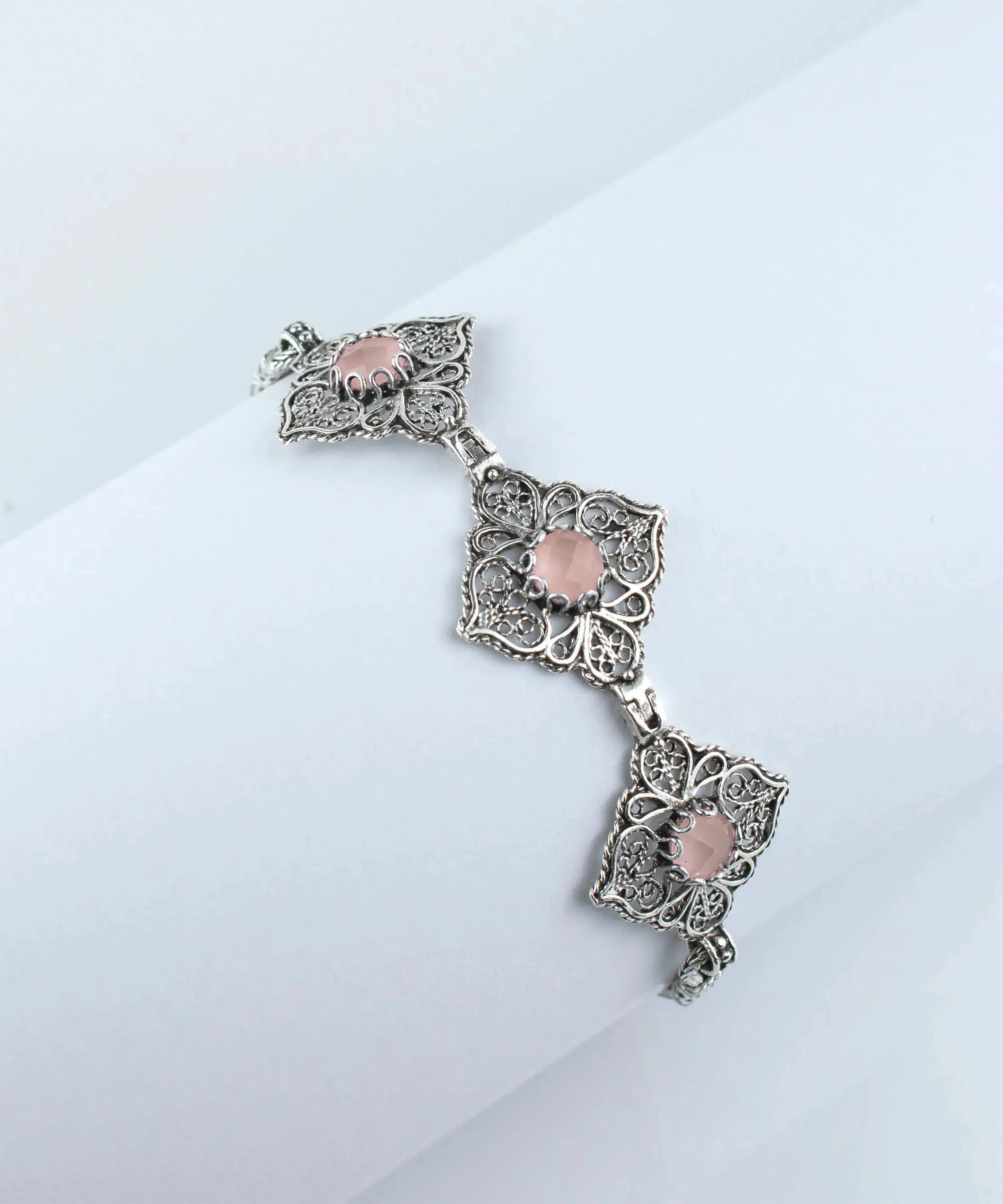 Filigree Art Pink Chalcedony Gemstone Women Adjustable Silver Link Bracelet