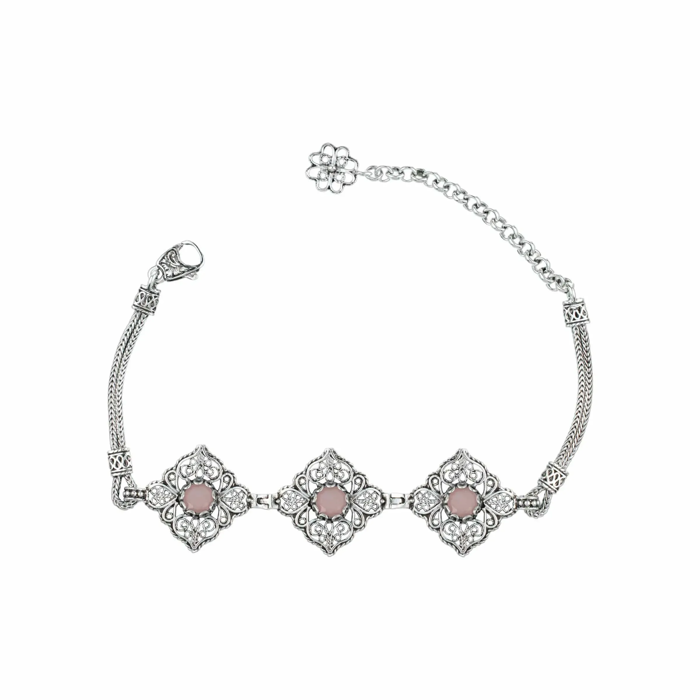 Filigree Art Pink Chalcedony Gemstone Women Adjustable Silver Link Bracelet