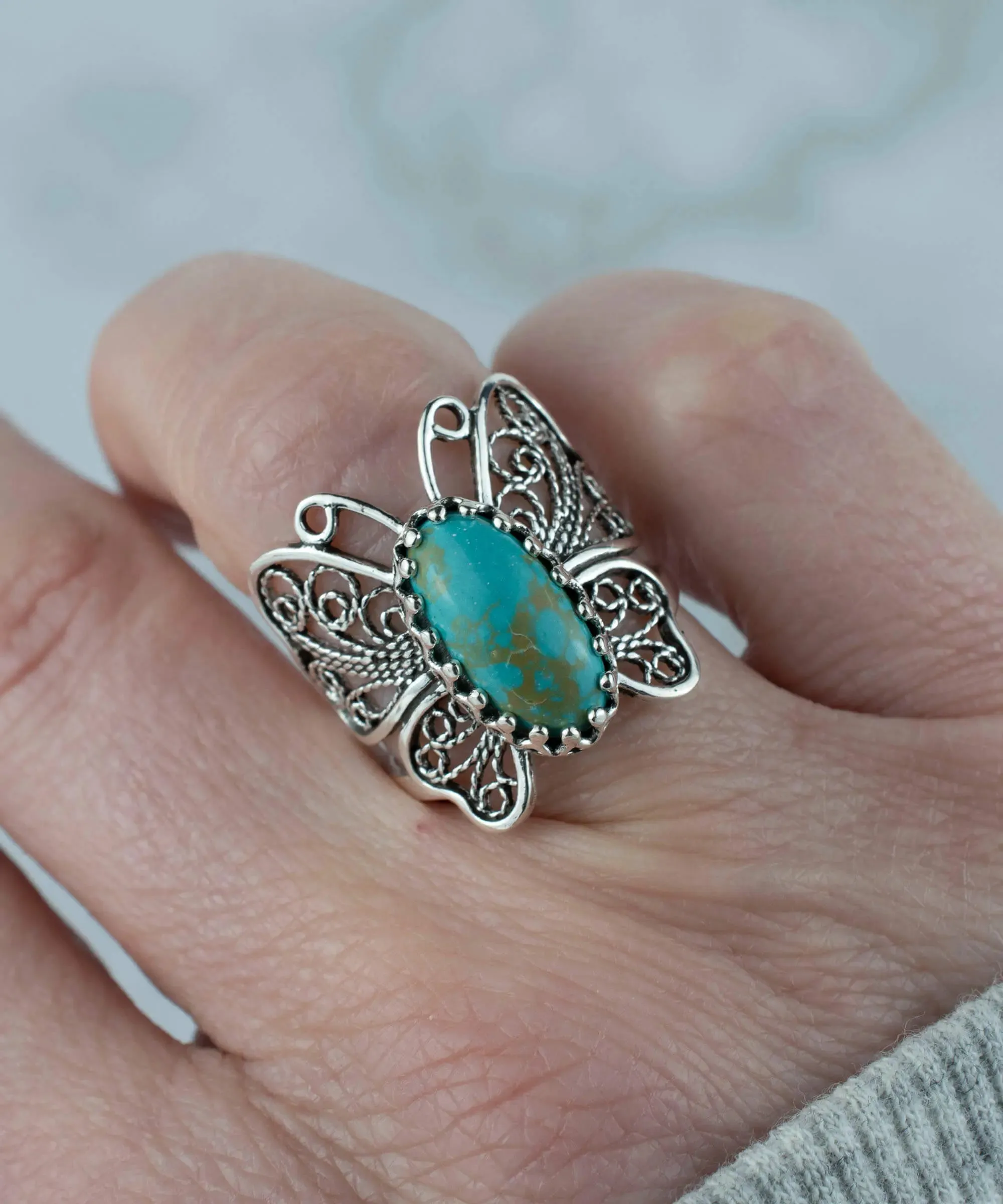 Filigree Art Turquoise Gemstone Butterfly Design Women Silver Cocktail Ring