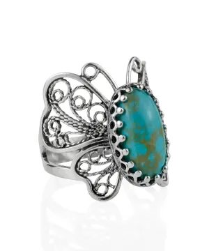 Filigree Art Turquoise Gemstone Butterfly Design Women Silver Cocktail Ring