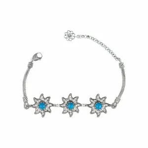 Filigree Art Turquoise Gemstone Star Figured Women Silver Link Bracelet