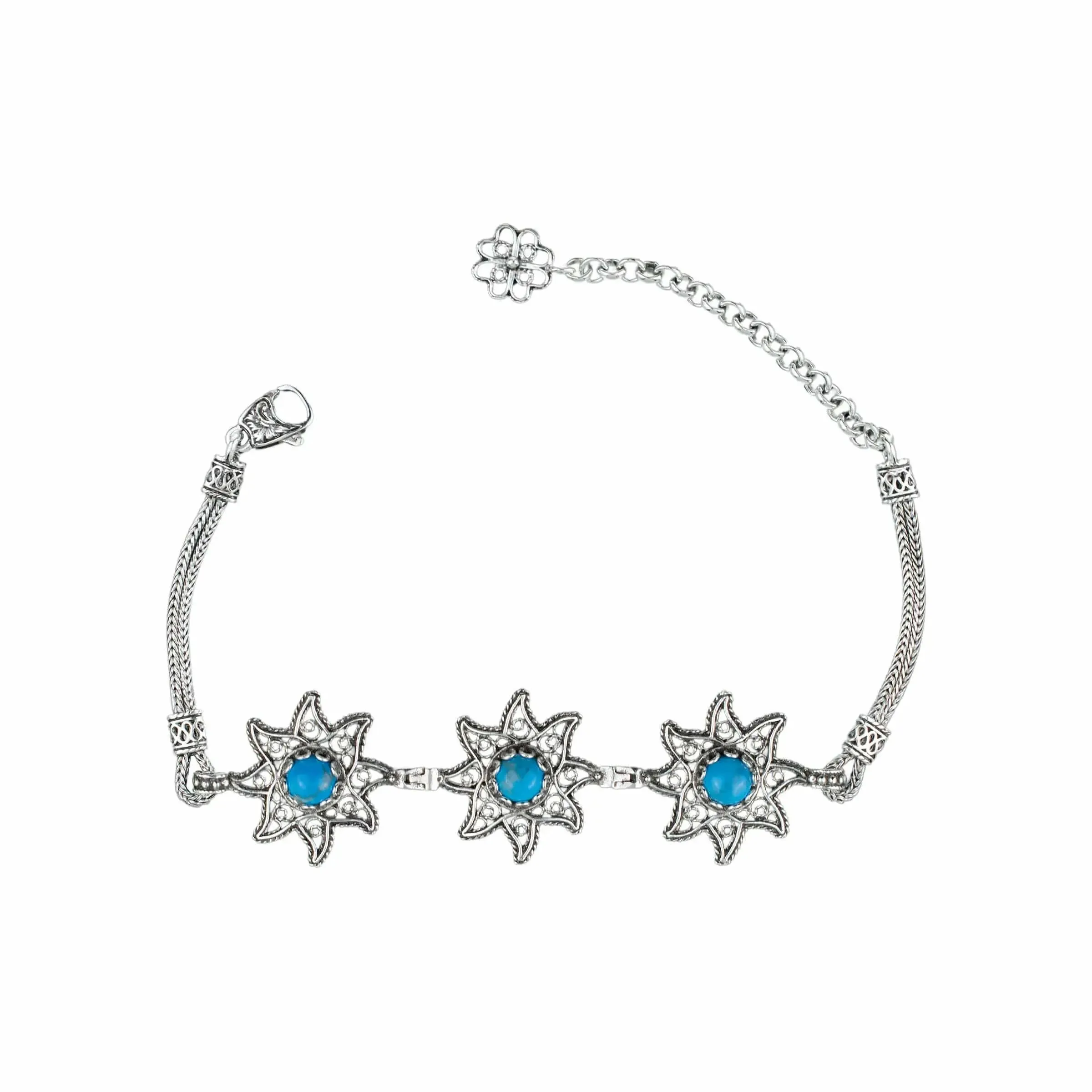 Filigree Art Turquoise Gemstone Star Figured Women Silver Link Bracelet