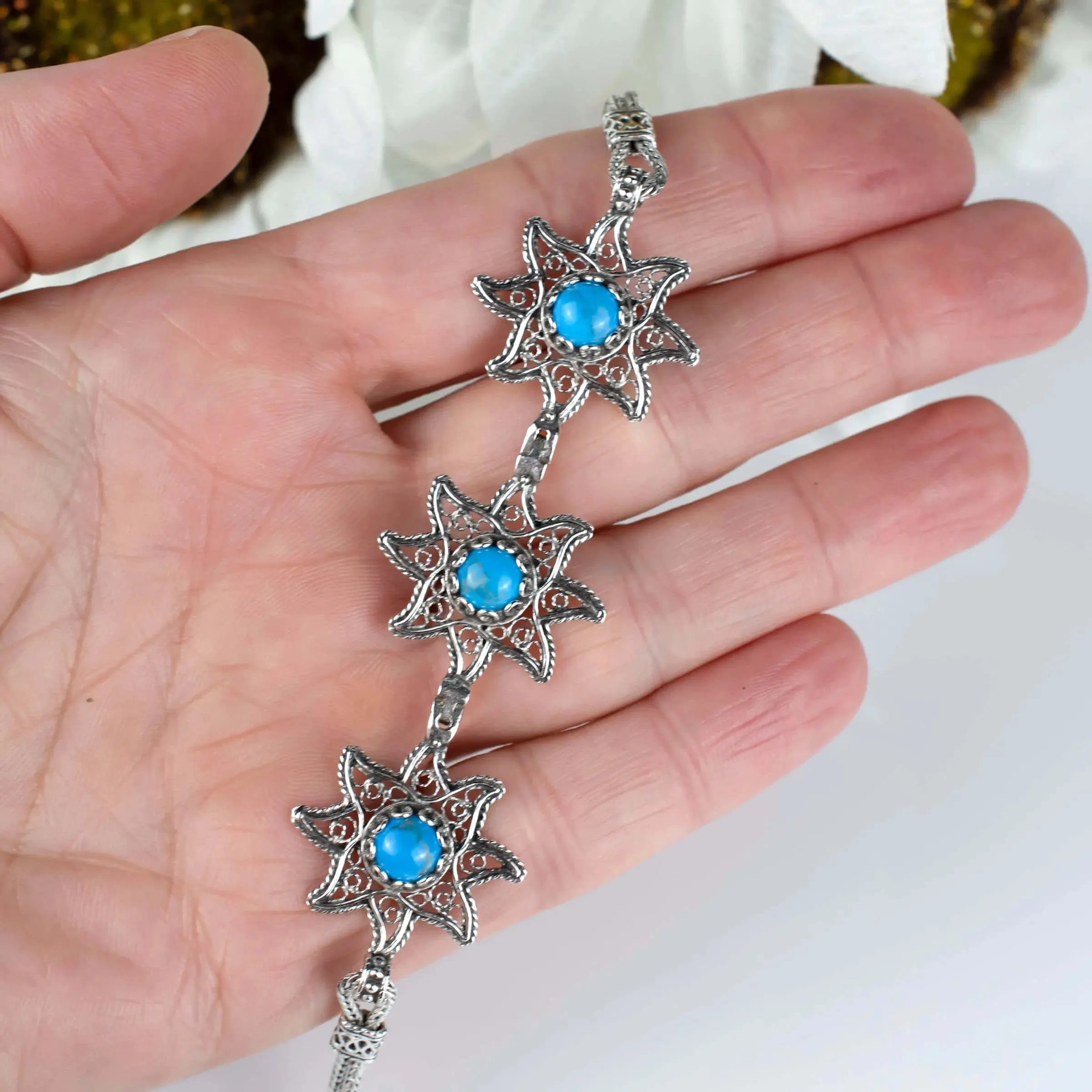 Filigree Art Turquoise Gemstone Star Figured Women Silver Link Bracelet