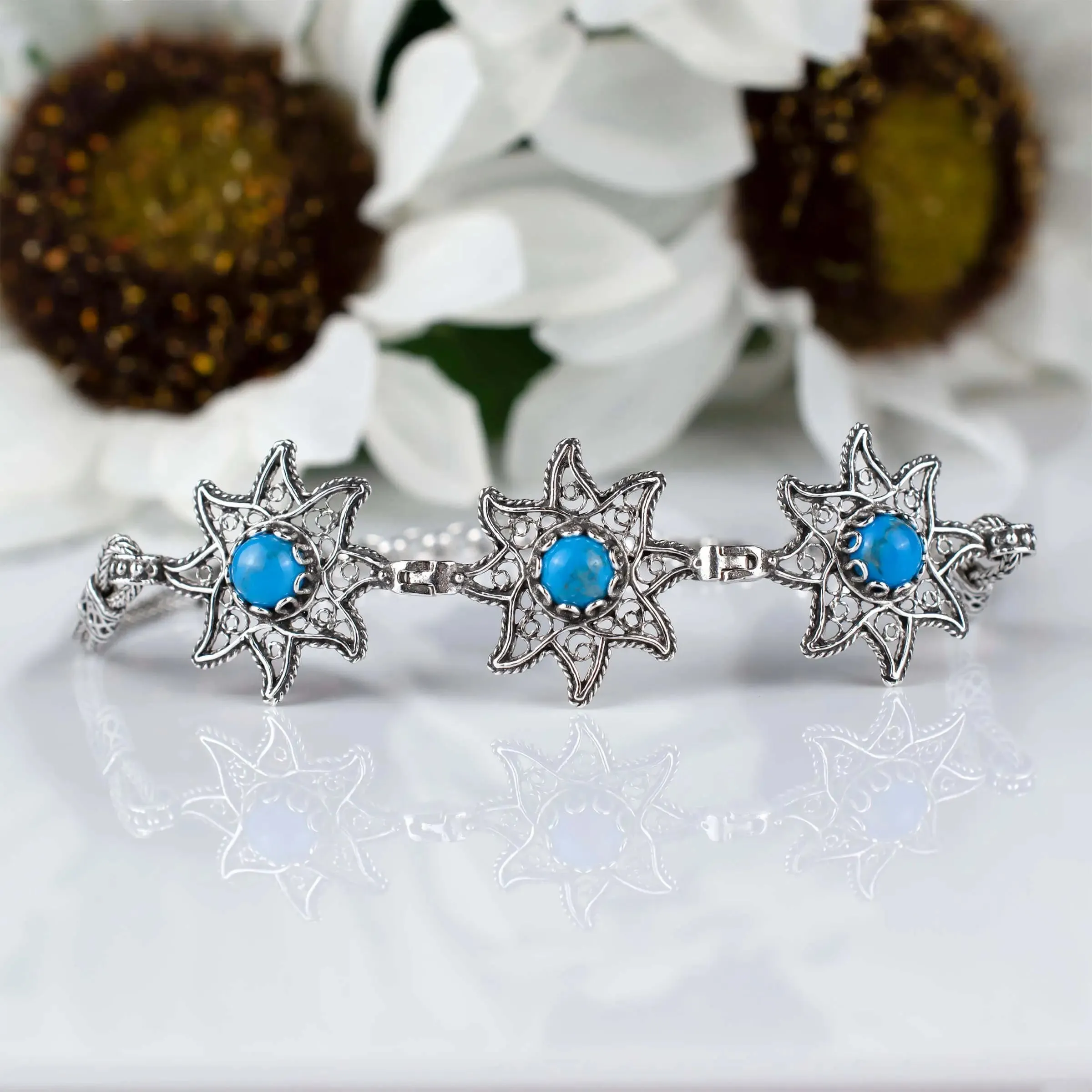 Filigree Art Turquoise Gemstone Star Figured Women Silver Link Bracelet