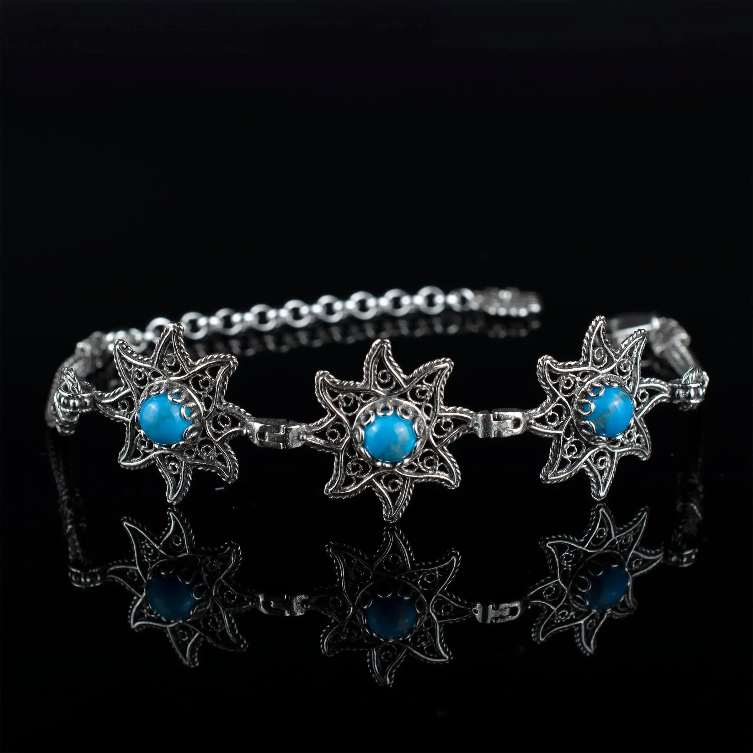 Filigree Art Turquoise Gemstone Star Figured Women Silver Link Bracelet