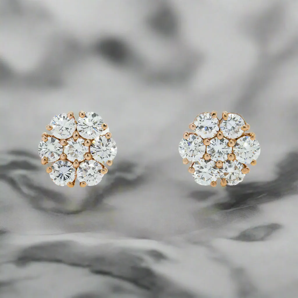 Foster 3 Carats Round Cut Flower Set Diamond Stud Earrings in 14K Rose Gold