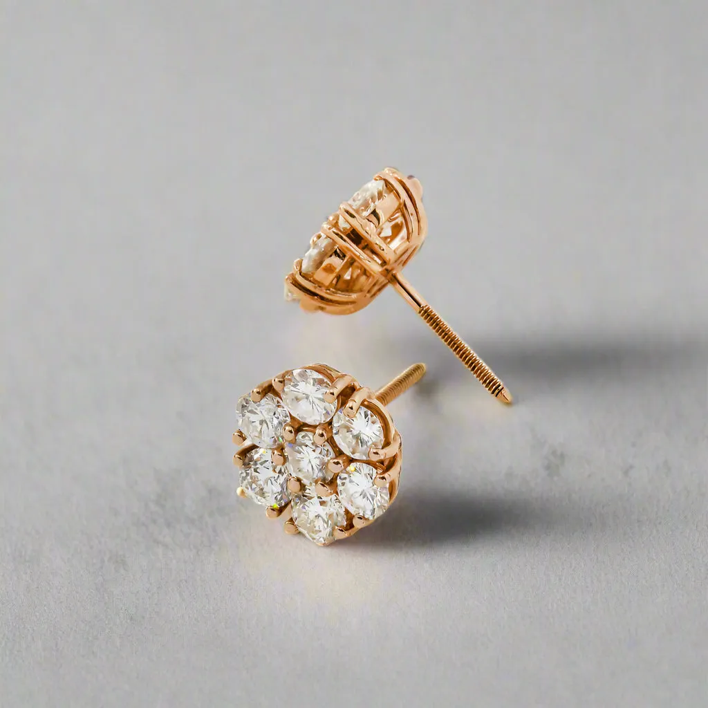 Foster 3 Carats Round Cut Flower Set Diamond Stud Earrings in 14K Rose Gold
