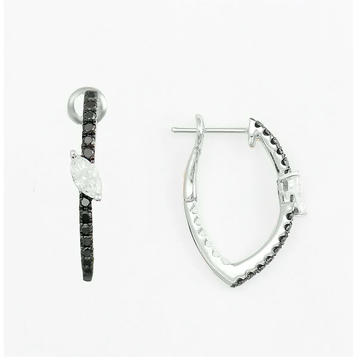 Frederic Sage 14K White Gold Black and White Diamond Hoop Earrings with Slanted Marquise Diamond Center
