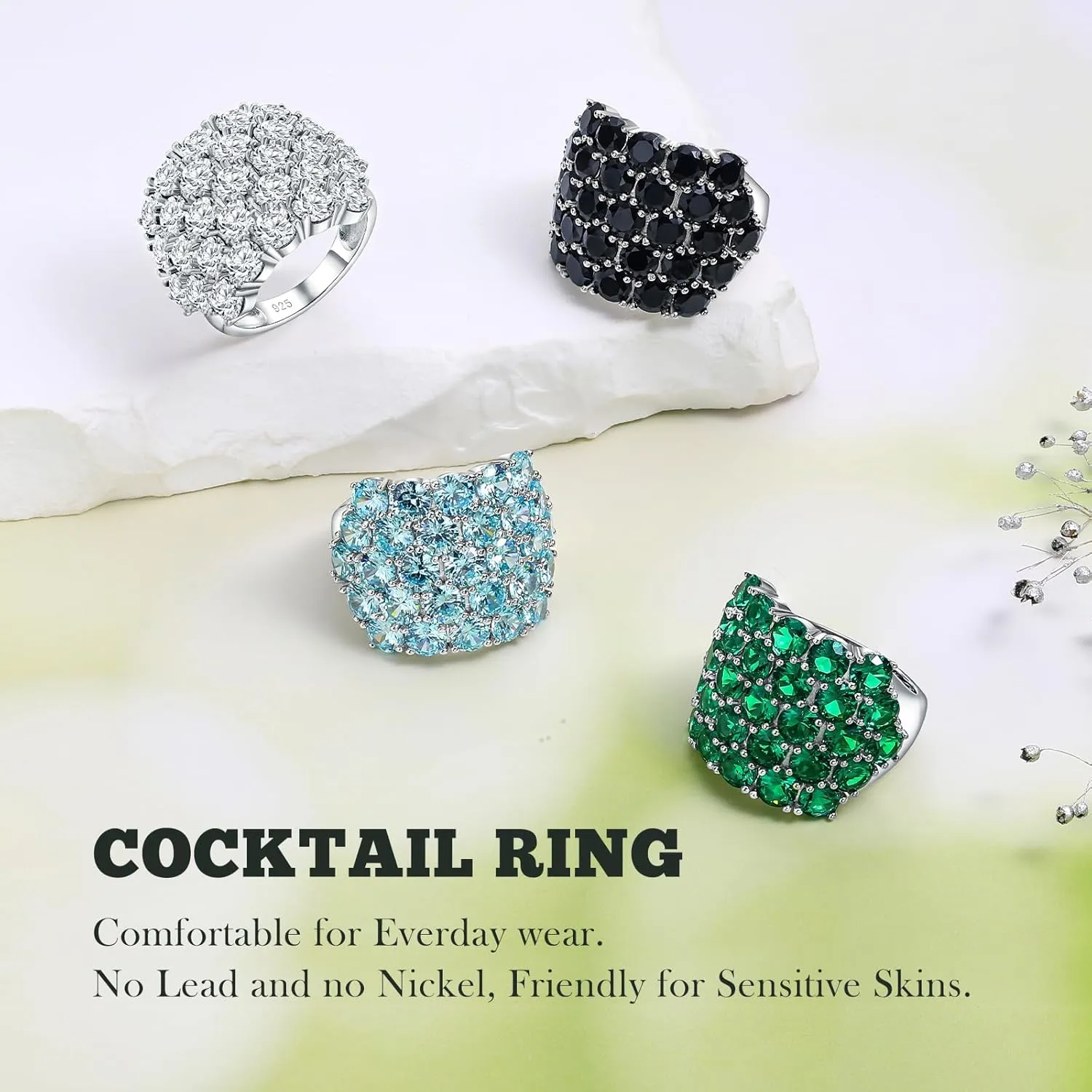 Full Gemstone Statement Ring 925 Sterling Silver Chunky Dome Rings for Women Men, Split Shank Moissanite Birthstone Signet Ring, Big Cocktail Rings, Size 6 to 10