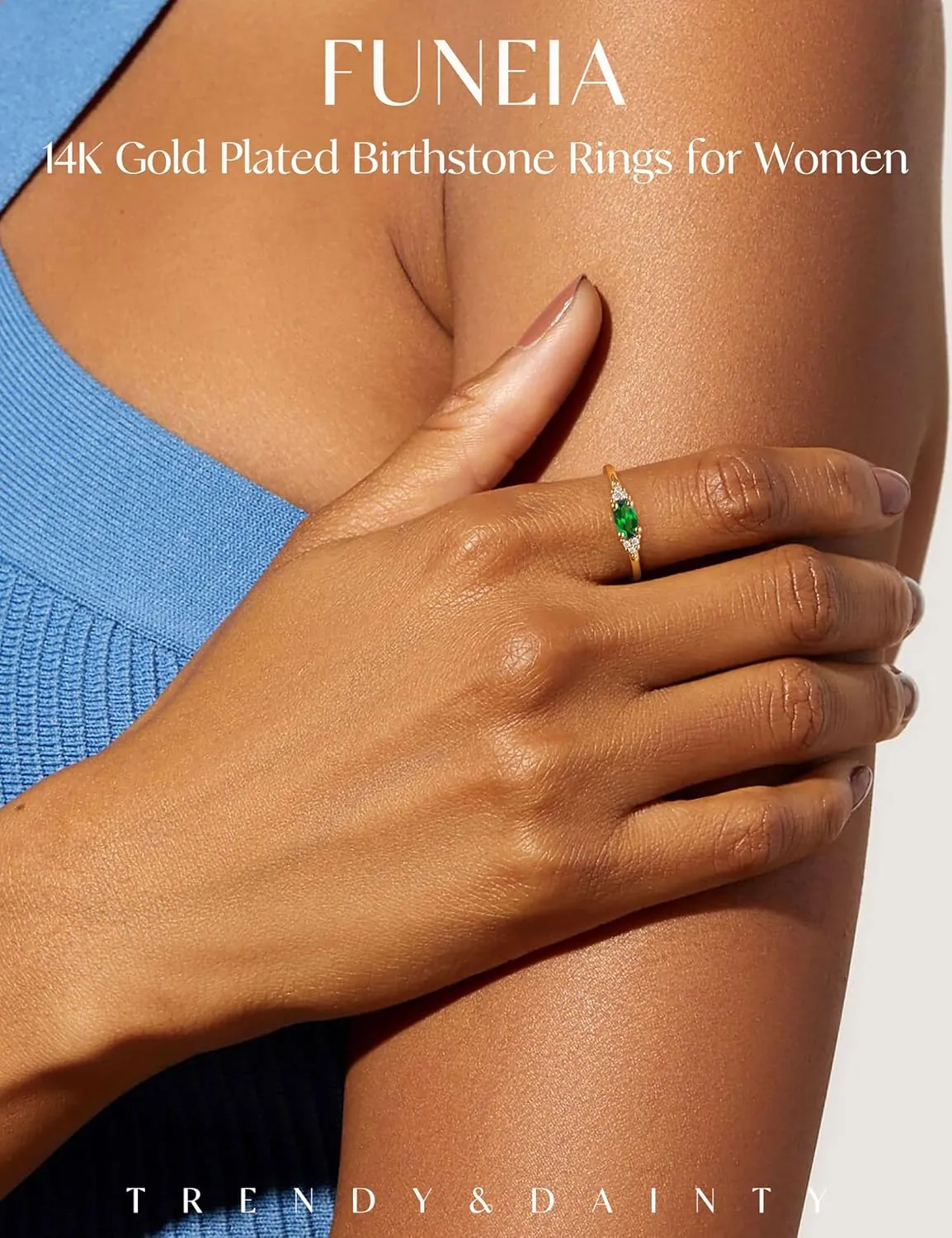 FUNEIA Gold Birthstone Rings for Women Non Tarnish Trendy Stackable Gold Rings that Don't Tarnish Dainty Emerald Green Gemstone Cubic Zirconia Wedding Engagement Ring for her Birthday Gifts Jewelry