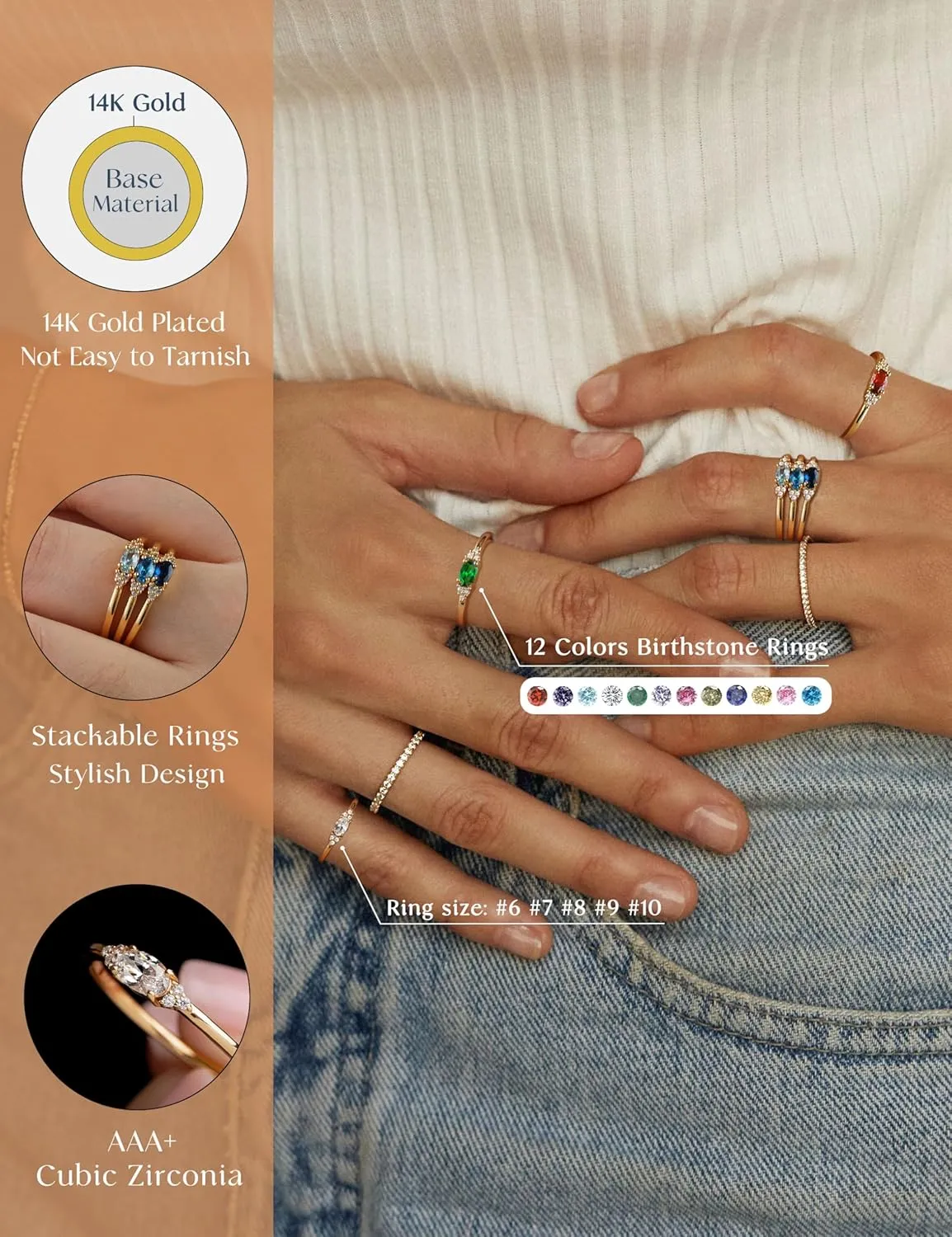 FUNEIA Gold Birthstone Rings for Women Non Tarnish Trendy Stackable Gold Rings that Don't Tarnish Dainty Emerald Green Gemstone Cubic Zirconia Wedding Engagement Ring for her Birthday Gifts Jewelry