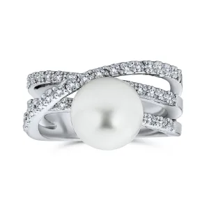 Geometric Criss Cross CZ Solitaire Simulated Pearl Statement Ring Silver Plated
