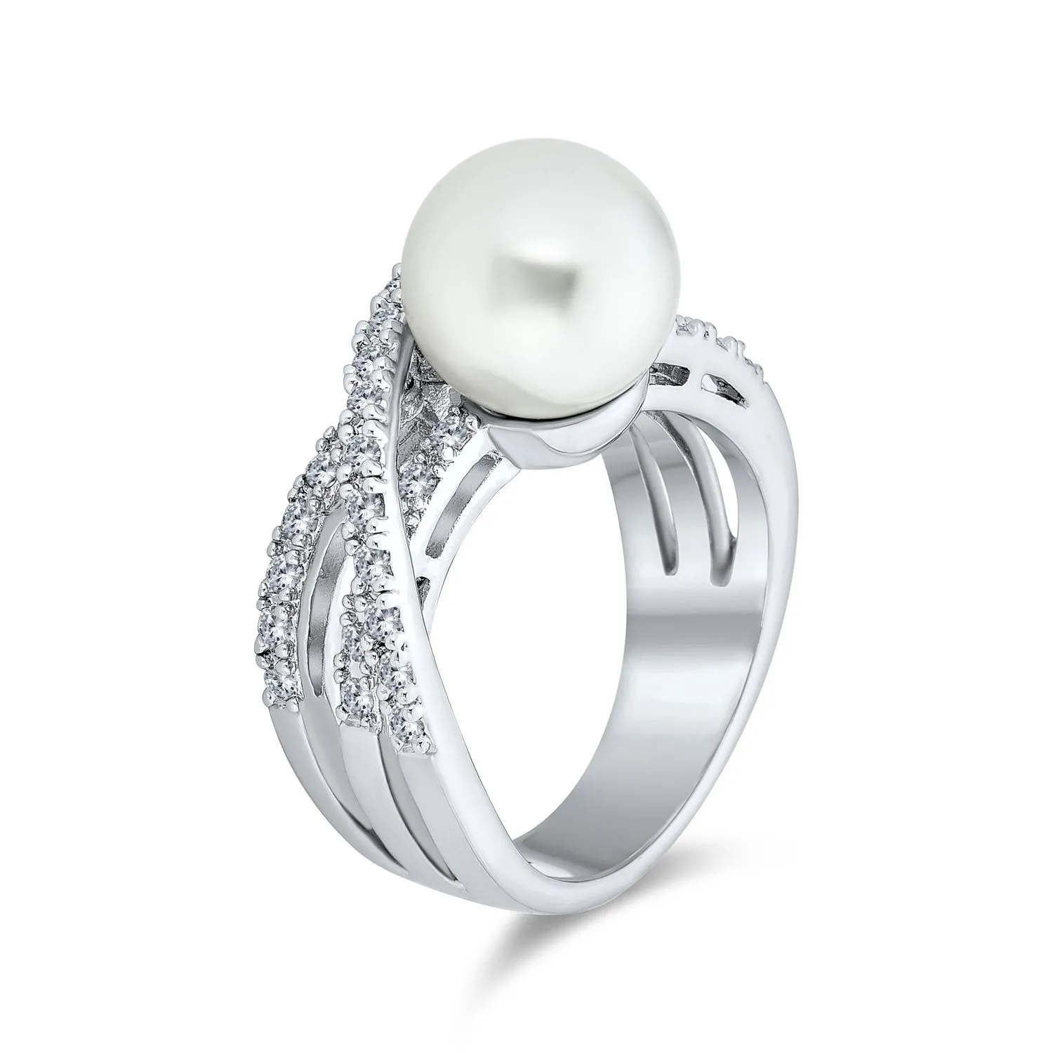 Geometric Criss Cross CZ Solitaire Simulated Pearl Statement Ring Silver Plated