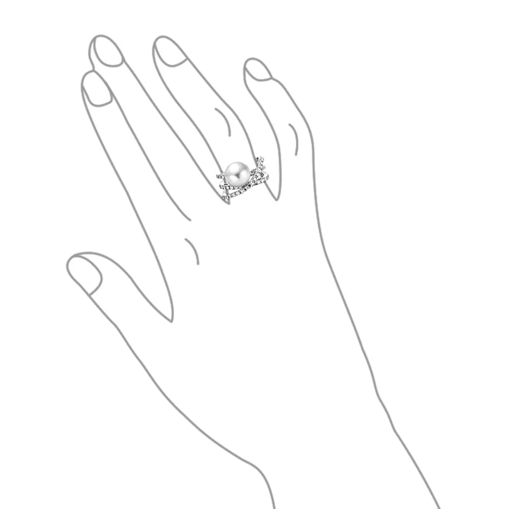 Geometric Criss Cross CZ Solitaire Simulated Pearl Statement Ring Silver Plated